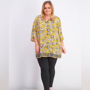 Magnolia Grace Womens Size 1X Mustard & Blue Floral Tunic Top Embroidered Trim